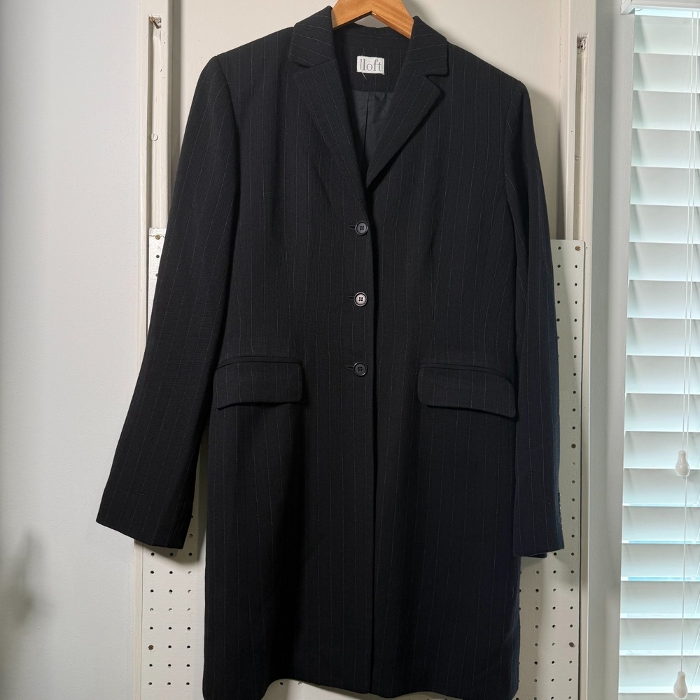 Ann Taylor Loft Long Coat Womens Black Pinstripe Single-Breasted Longline Blazer